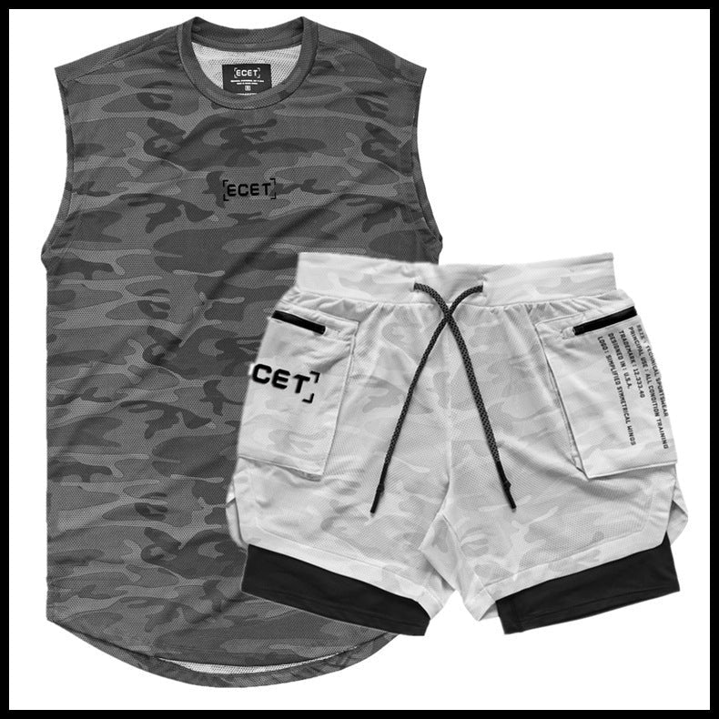 Mens Sports Leisure Suit Fitness Vest Shorts Breathable Mesh