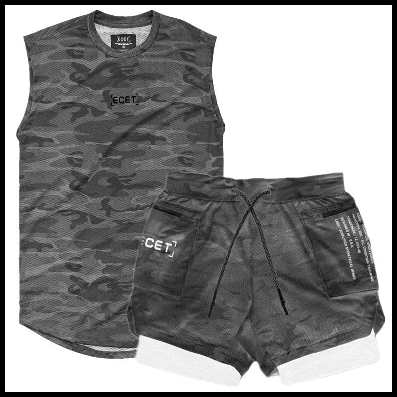 Mens Sports Leisure Suit Fitness Vest Shorts Breathable Mesh