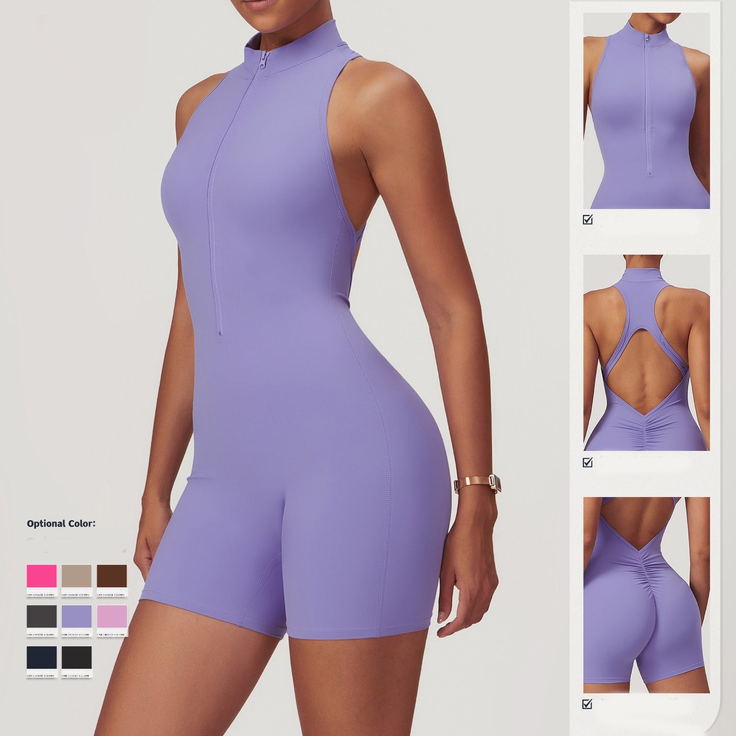 Womens Fitness Yoga Jumpsuit Zipper Backless Shorts Bodysuit