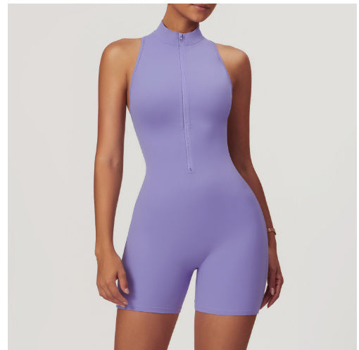 Womens Fitness Yoga Jumpsuit Zipper Backless Shorts Bodysuit